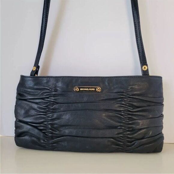 Michael Kors black leather scrunched design clutch with gold accents New… - Picture 8 of 10